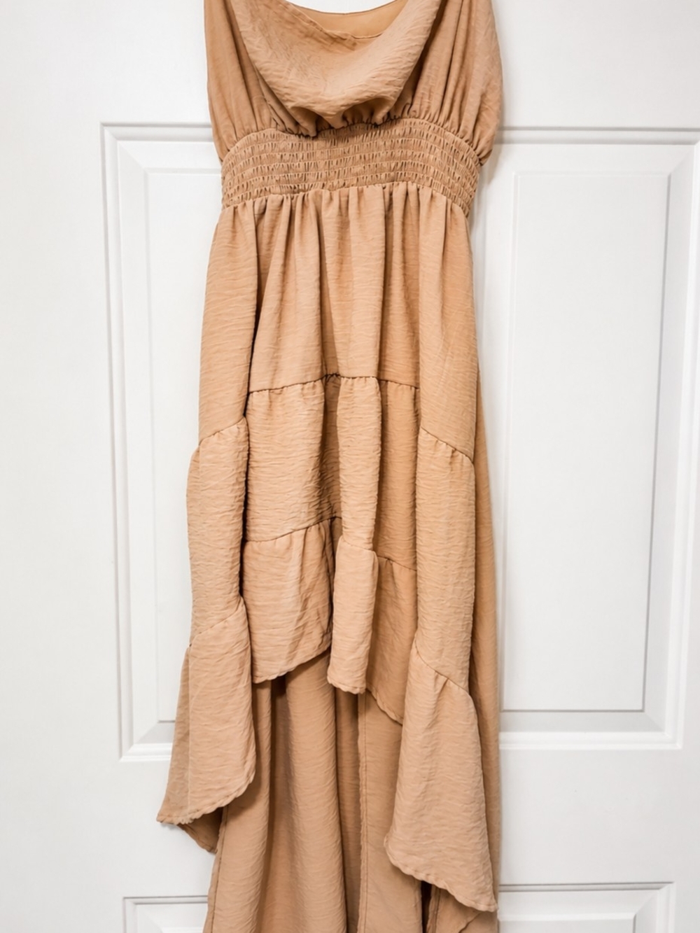 High-Low Tiered Dress in Camel with Smocked Waist - Picture 2 of 3